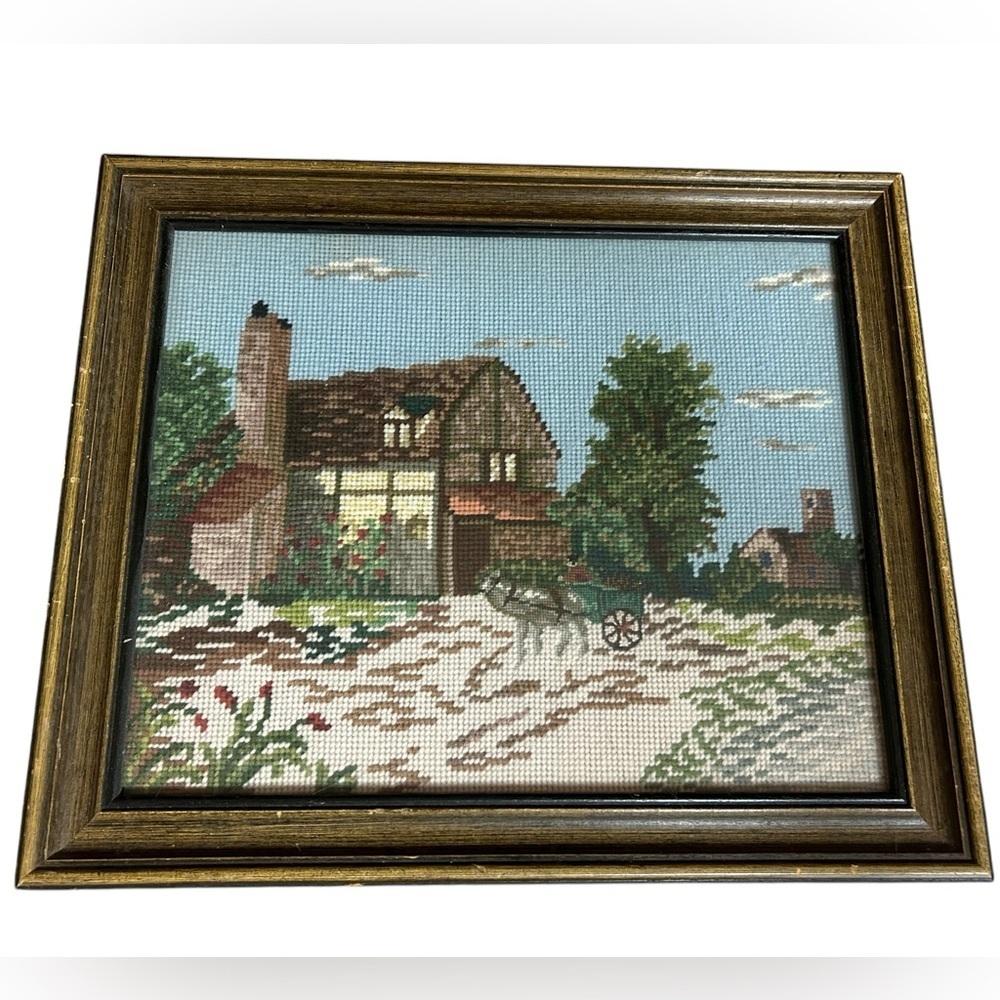 vintage needlepoint country scene English Cottage Wood Frame 14 X 16